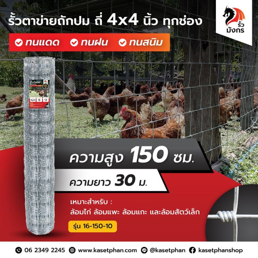 รั้วตาข่ายถักปม รั้วมังกร ถี่พิเศษ 4×4 นิ้ว เท่ากันทุกช่อง ความสูง 150 ซม. (ยาว 30 เมตร) ลวดหนา 1.8 มม. [อายุการใช้งาน 10 ปี*]