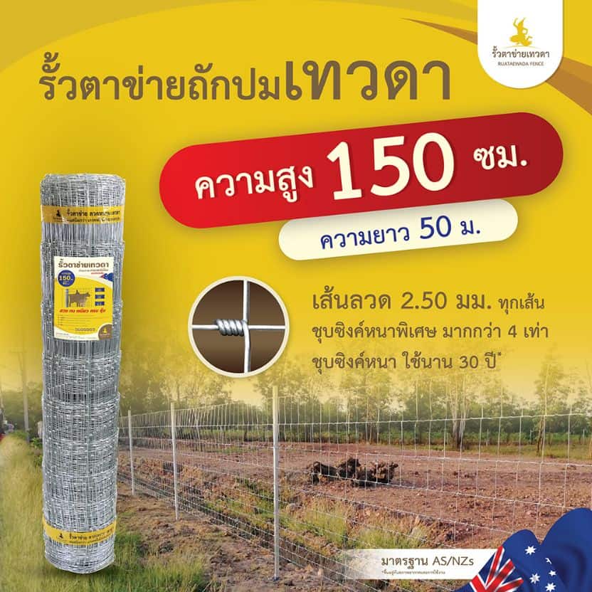 รั้วตาข่ายเทวดา รั้วตาข่ายถักปม ความสูง 150 ซม. ลวดหนา 2.5 มม. (ยาว 50 เมตร) [อายุการใช้งาน 40 ปี*]