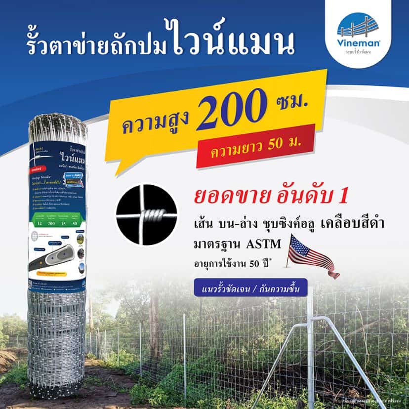 รั้วตาข่ายไวน์แมน รั้วตาข่ายถักปม – รุ่นความสูง 200 ซม.ลวดหนา 2.5 มม.(ยาว 50 เมตร) [อายุการใช้งาน 50 ปี*]
